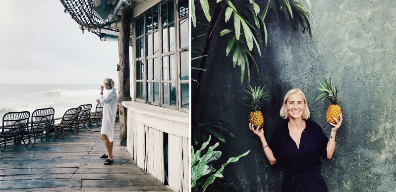 Moteris namo verandoje prie jūros, moteris su ananasais