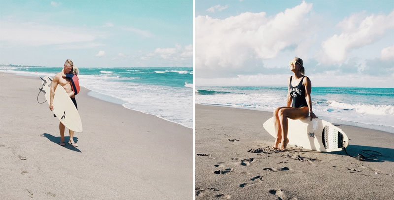 Jaunas vyras su dukra paplūdimyje, moteris ant banglentės