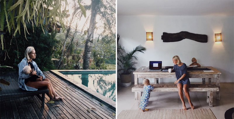 Moteris su vaiku šalia baseino, moteri ssu vaikais moderniame kambaryje