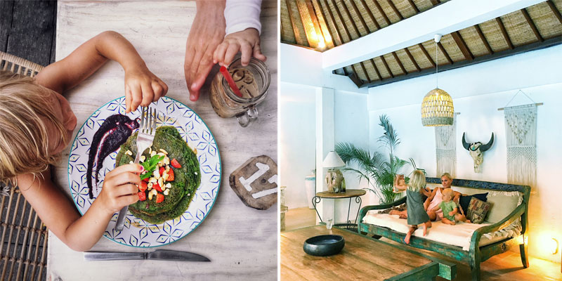 Mergaitė valganti pusryčius, moteris su dviem mažyliais moderniame kambaryje, Balis